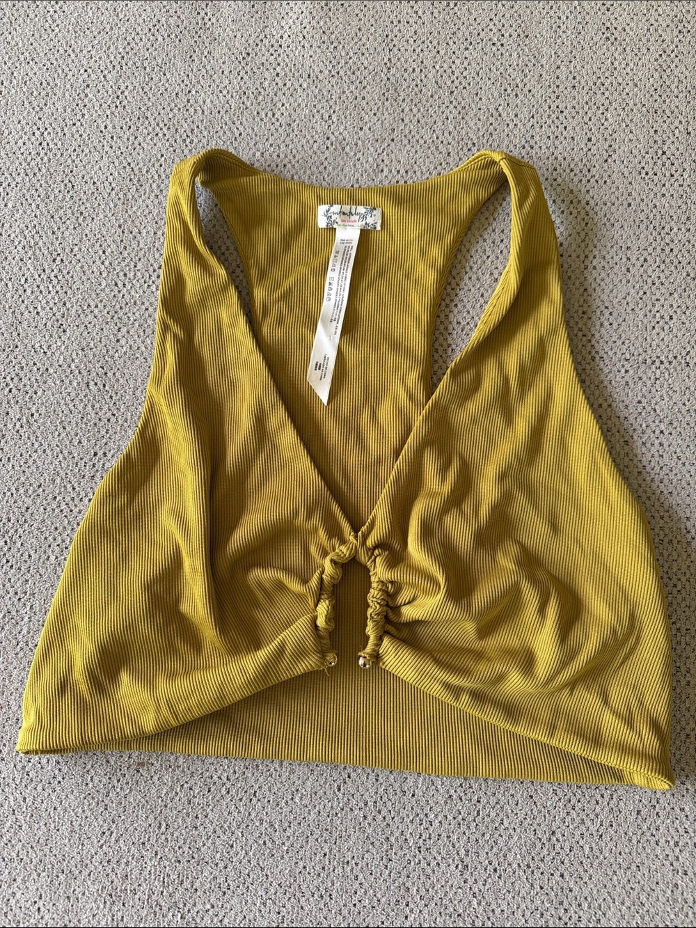 Free People Ribbed V-Neck Drawstring Crop Top - Mustard Yellow